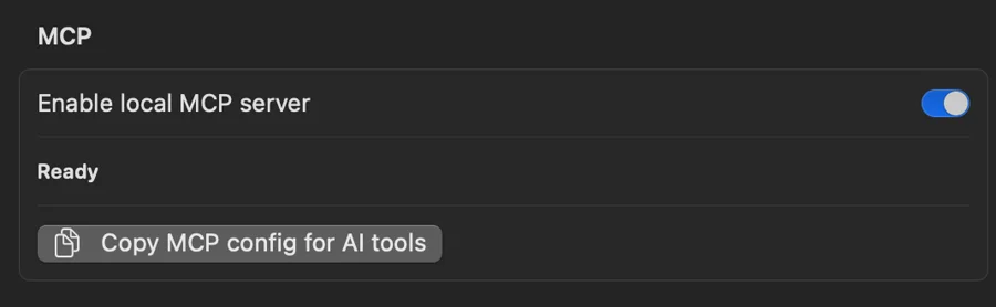 Breakdown settings showing the local MCP server enabled and ready for AI tools
